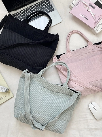 Bolso Tote De Pana De Gran Capacidad Para Mujer Casual Retro Color Sólido Bolso De Hombro Con Bolsillo Exterior Cremallera