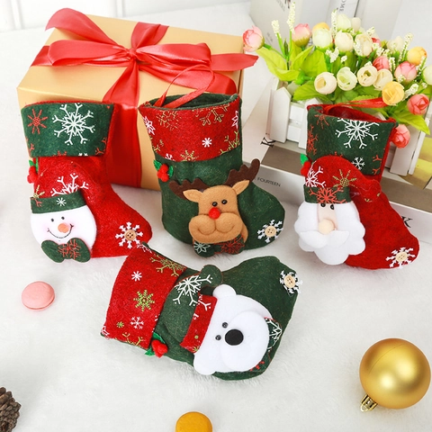 Chaussette de Noël Petite Taille Père Noël Bonhomme de Neige Renne Ours Style Dessin Animé Pendentif Arbre Sac Cadeau Décoration