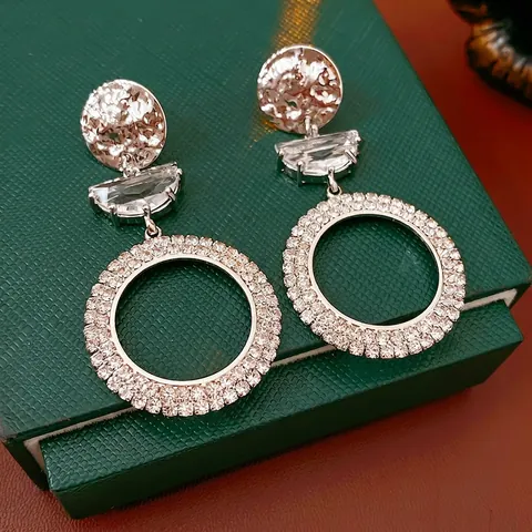Hammered Disc Zircon Rhinestone Drop Earrings With Silver Earring Post Geometric Hollow Circle Luxury Fashion Women