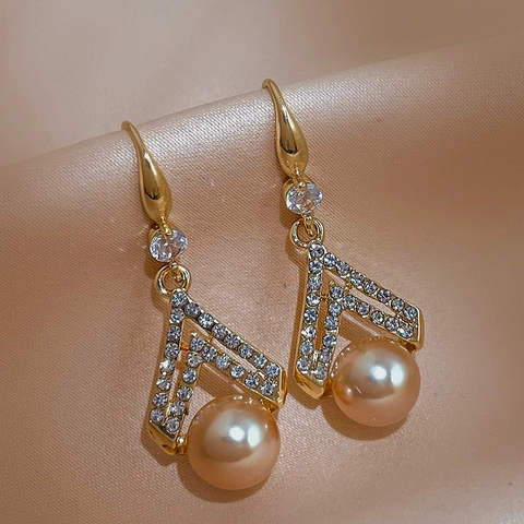 Elegantes Pendientes De Gota Triangulares Con Diamantes De Imitación Y Perla Artificial Poste De Plata Joyería Retro De Lujo Para Mujer