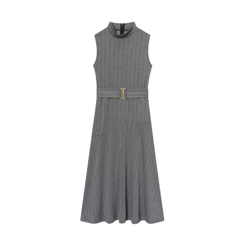Ärmelloses Midikleid Damen Fischgrätenmuster Polyester Hochgeschlossenes Gürtel Elegantes Büro Outfit Mode