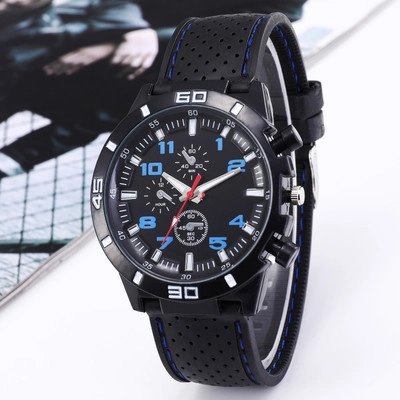 Men Sport Quartz Watch With Silicone Strap Contrast Stitching Triple Sub-dials Analog Black Case Fashion Men Wristwatch