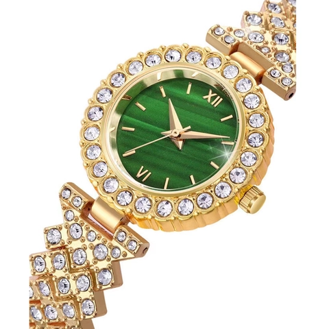 Luxury Women Quartz Wrist Watch Rhinestone Inlay Green Dial Roman Numerals Alloy Bracelet Elegant Fashion Timepiece