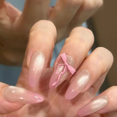 Pink Gradient Cat Eye Press On Nails With 3D Bow Almond Shape Glossy Long Sweet Style Artificial Fingernails