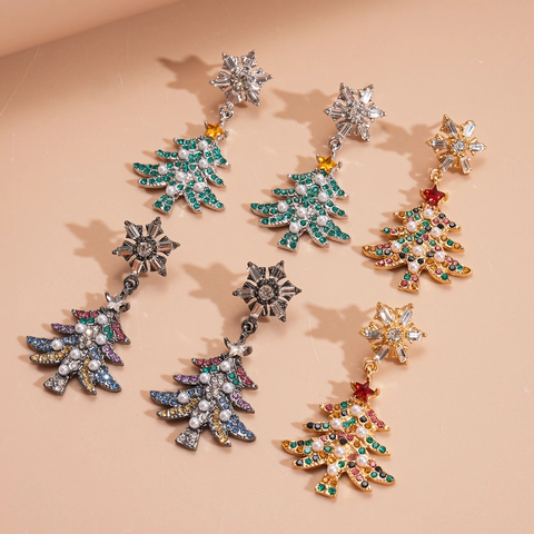 Kerstboom Sneeuwvlok Hangende Oorbellen Met Strass Imitatieparel En 925 Sterling Zilveren Oorsteker Feestelijke Mode