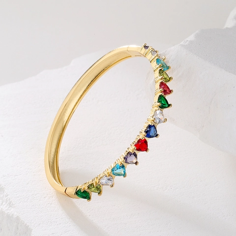 Heart Shaped Zircon Bangle Bracelet Copper 18K Gold Plated Colorful Gemstone Elegant Hinged Hand Jewelry For Women INS