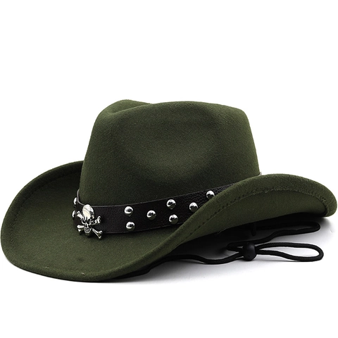 Chapeau De Cow-Boy Occidental Large Bord Feutre Crâne Boucle Métallique Rivets Corde Vent Réglable Style Punk Rock Unisexe