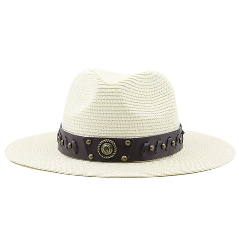 Western Cowboy Straw Fedora Hat Breathable Woven Sun Protection Beach Holiday Faux Leather Band Rivets Retro Style