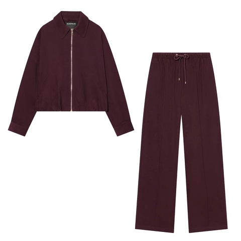 Corduroy Zipper Lapel Jacket And High Waist Straight Leg Pants Women Casual Solid Color Streetwear Fashion