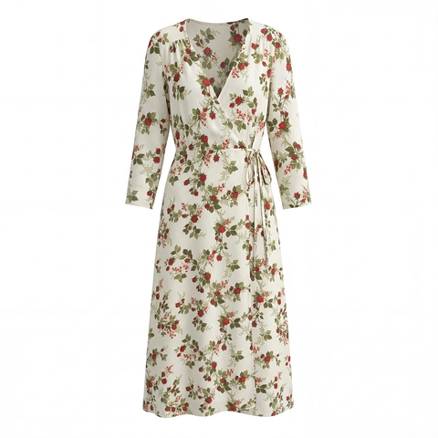 Floral Print Maxi Kleid Polyester Langarm Wickel V Ausschnitt Französischer Vintage Retro Pastell Stil Für Frauen