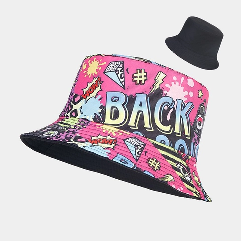 Cappello Da Pescatore Reversibile Cotone Graffiti Stampa Pop Art Protezione Solare Spiaggia Unisex Streetwear Retro