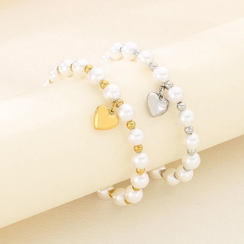 Collar Y Pulsera De Acero Inoxidable Con Colgante De Corazón Y Perla Artificial De Concha Joyería Elegante Para Mujer