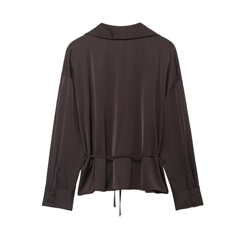 Women Satin Blouse Long Sleeve Button Down Shirt Satin Texture Drawstring Waist Elegant Solid Color Fashion Top