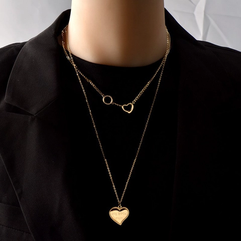 Minimalist Stainless Steel Double Layer Heart Pendant Necklace For Women Gold Plated Love You More Engraved Jewelry Gift
