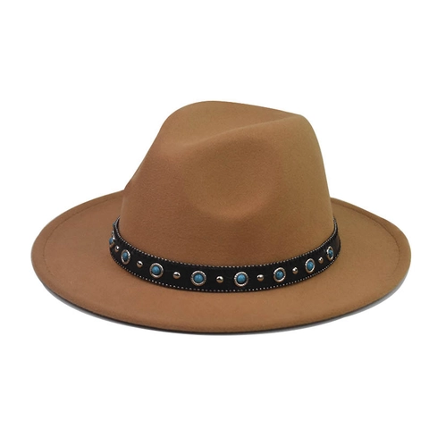 Vintage Wide Brim Fedora Hat With Turquoise Decorative Band Metal Rivets Solid Color Woolen Felt Jazz Hat For Wedding Travel Party Unisex