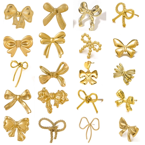 Bowknot Stud Earrings Titanium Steel 14K Gold Plated Minimalist Butterfly Heart Jewelry For Women Waterproof Non Fading