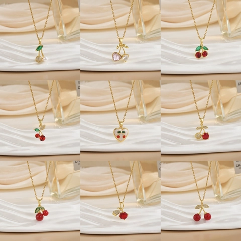 Fashion Copper Cherry Pendant Necklace For Women Exquisite Red Rhinestone Fruit Heart Tulip Charm Gold Plated Jewelry