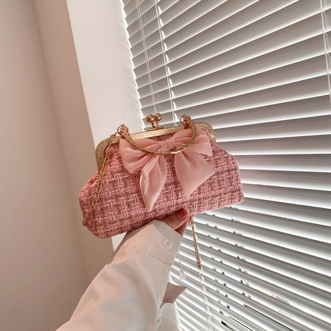 Bolso De Tweed Con Lazo Grande Vintage Cierre Cadena Elegante Cartera De Fiesta Dulce Bolso De Noche Mujer
