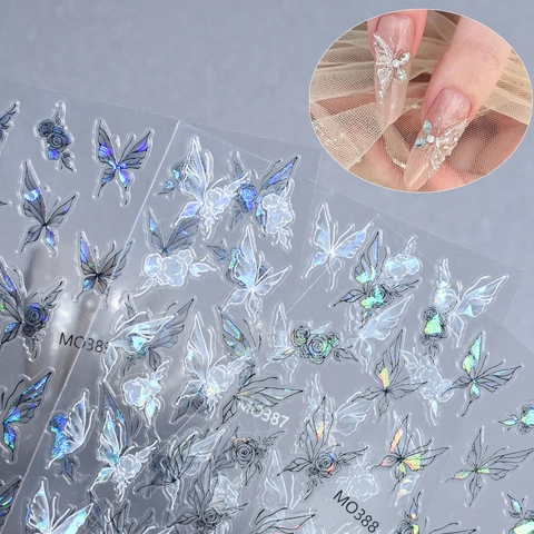 3D Schmetterling Nagelkunst Aufkleber Holographische Aurora Blumen Rose Geprägte Selbstklebende Abziehbilder DIY Dekoration