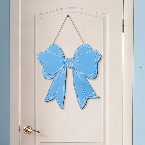 Blue Bow Wooden Hanging Sign Poplar Wood Wall Decor With Jute Rope For Girl Room Cute Preppy Style Home Art
