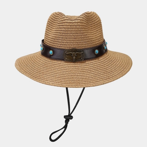 Western Cowboy Straw Hat With Bull Head Metal Decor Turquoise Leather Belt Breathable Sun Protection Outdoor Beach Hat