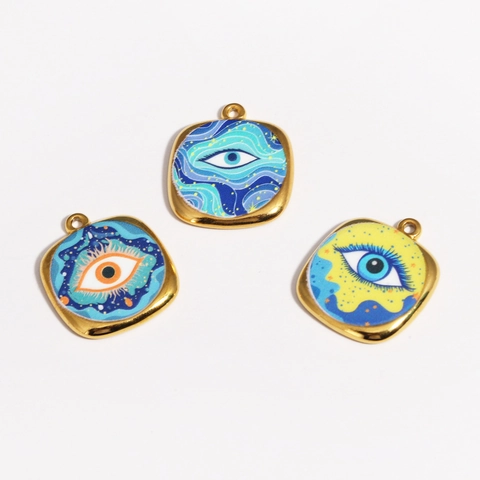 Evil Eye Pendants Square Titanium Steel Enamel Charms Vintage Oil Painting Style DIY Jewelry Making For Women