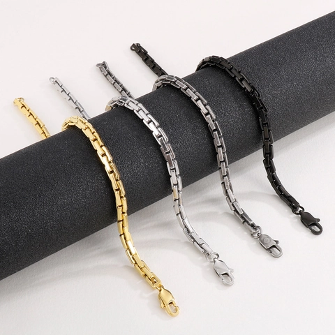 Vintage Hip Hop Stainless Steel Box Chain Jewelry Set For Men Women Byzantine Style Necklace And Bracelet Gold Silver Black