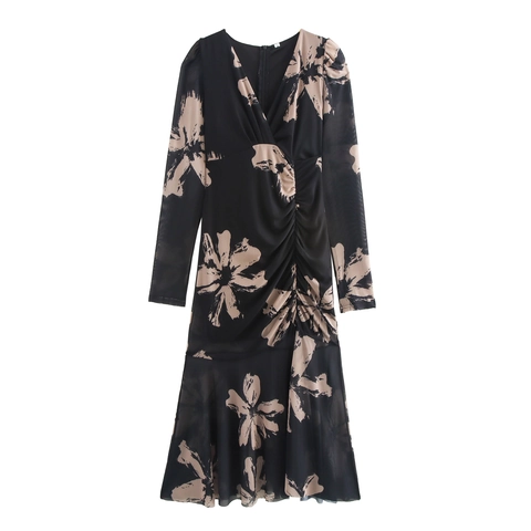 Elegantes Damen Maxi Kleid Mit V Ausschnitt Langarm Blumendruck Netzstoff Raffung Und Fischschwanz Saum