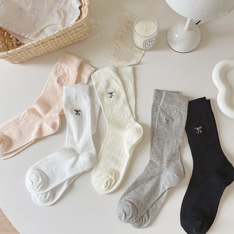 Calcetines De Media Caña Para Mujer Algodón Punto Canalé Bordado Lazo Transpirable Color Sólido Estilo Japonés Dulce