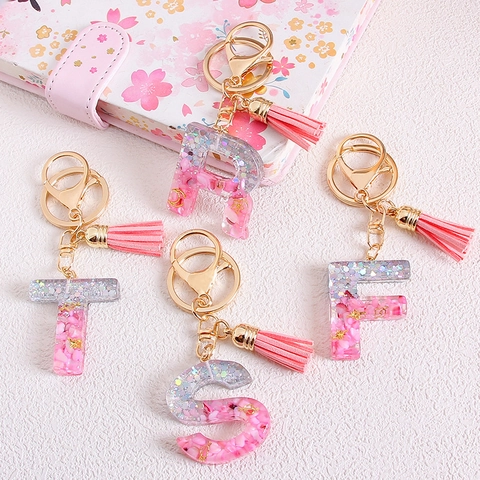 Fashion Glitter Resin English Letter Keychain With Colorful Tassel Gold Metal Key Ring Pendant Alphabet Jewelry For Women