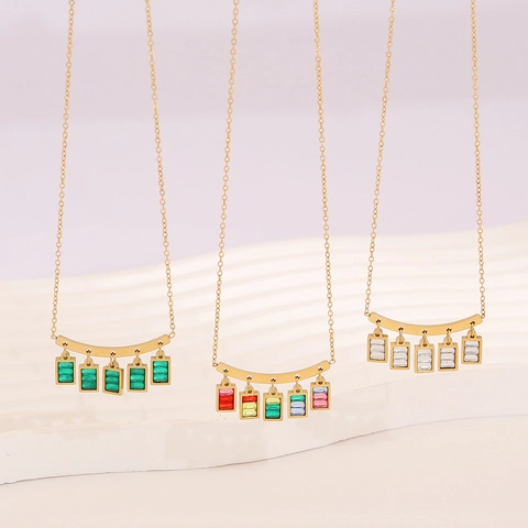 Fashion Stainless Steel Necklace For Women With Rectangular Glass Pendants Geometric Arc Bar Chic Clavicle Chain