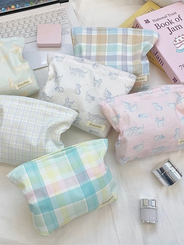 Grote Capaciteit Make-Up Tas Polyester Canvas Ritszakje Schattige Kat Ruitprint Draagbare Reis Toilettas Organiser Vrouwen