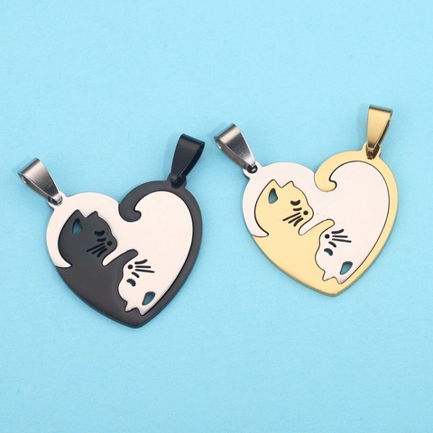 Stainless Steel Splicing Pendants Cartoon Cat Dog Animal Shape Heart Round DIY Jewelry Findings Couple Friendship Gift