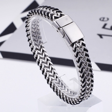 Bracciale Da Uomo In Acciaio Inossidabile 316L Catena Intrecciata Osso Di Drago Gomma Interna Chiusura Magnetica Punk