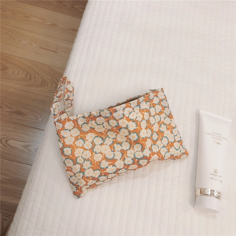 Pochette En Toile De Coton Fleurie Mini Organisateur De Maquillage Cosmétique Avec Fermeture Éclair Dragonne Style Frais Doux