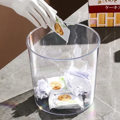Desktop Trash Can Transparent PET Plastic Round Lidless Small Storage Bin For Office Dorm Home Minimalist Style