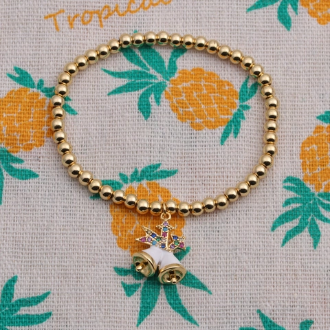 Copper Zircon Beaded Bracelet With Enamel Bell Starfish Moon Charms Elastic Adjustable Jewelry For Women Christmas Gift Boho