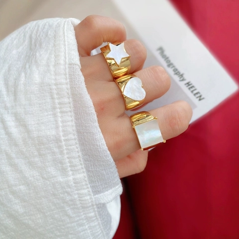 Fashion 18K Gold Plated Copper Rings With White Mother Of Artificial Pearl Heart Star Square Shell Adjustable Open Jewelry For Women