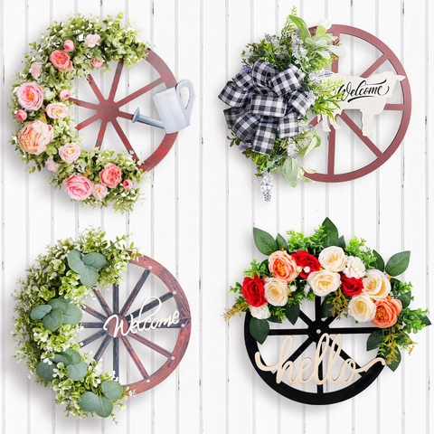 Couronne de Roue de Charette de Noël Rustique en Bois Aiguilles de Pin Artificielles Baies Rouges Ornement de Nœud Suspension Murale de Porte Décoration Saisonnière