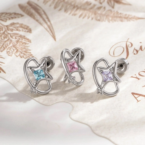 Pendiente Piercing Estrella Saturno Acero De Titanio Cobre Circonita Piedra Cuadrada Espalda Plana Joyería Para Mujer