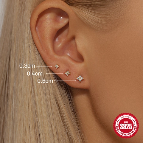S925 Sterlingsilber Blume Stern Gewinde Flache Rückseite Ohrstecker Set AAAAA Zirkonia Gold Piercing Schmuck Für Damen Geschenk