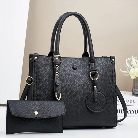 Litchi Pattern PU Leather Handbag And Wallet Large Capacity Shoulder Tote Bag For Women Elegant Commuter Style