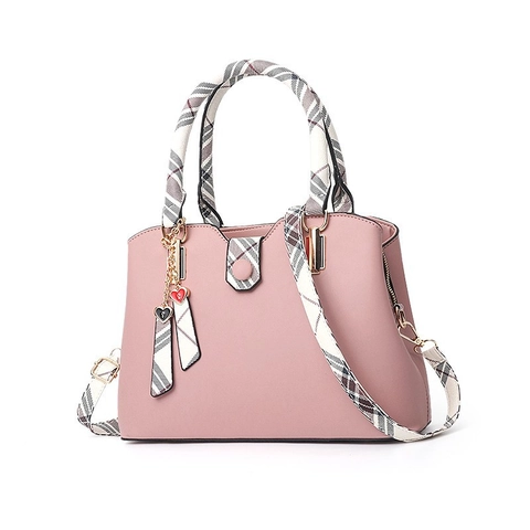 Women PU Leather Handbag With Checkered Scarf Handle And Heart Pendant Versatile Shoulder Crossbody Bag For Daily Commute