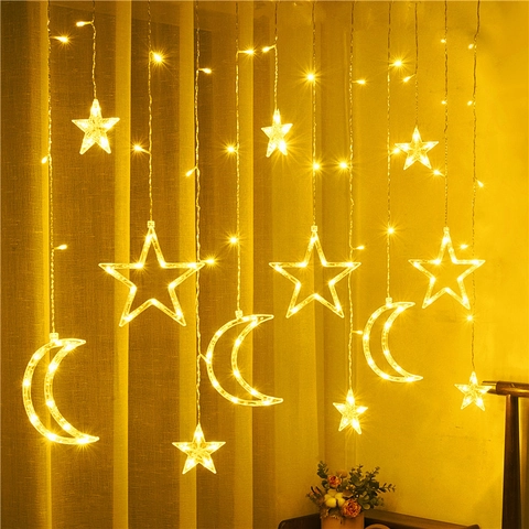 LED Curtain String Lights Star Moon Reindeer Bell Plastic Warm White Multicolor Romantic Fairy Atmosphere Holiday Decor