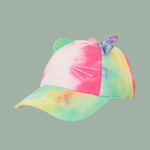 Kinderen Tie Dye Breedgerande Honkbalpet Polyester Zonnehoed Met 3D Kattenoren En Hart Neus Borduurwerk Voor Jongens Meisjes