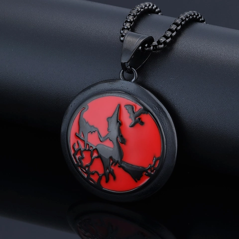 Halloween Sorcière Chauve-Souris Rond Pendentif Collier Acier Inoxydable Émail Rouge Gothique Punk Bijoux