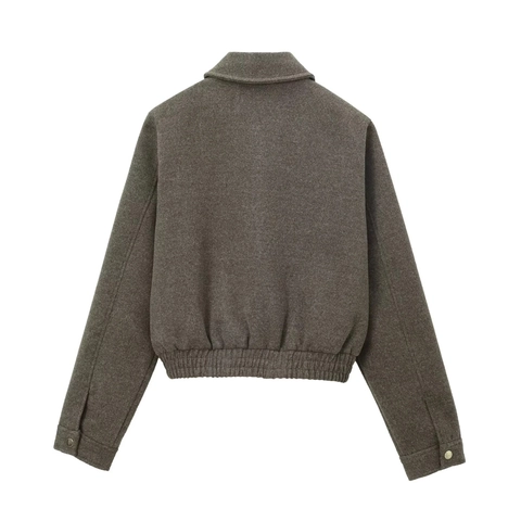 Dames Twill Tweed Wollen Jas Met Rits Reverskraag Lange Mouwen Losse Pasvorm Casual Korte Bovenkleding Grijs