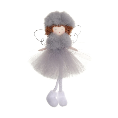 Poupée Ange de Noël en Peluche Décoration à Suspendre Avec Jupe en Gaze Bonnet en Fourrure Ailes en Métal Pour Sapin de Noël Fête Maison