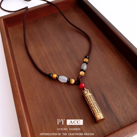 Retro Chinese Style Tiger Eye Stone Beaded Alloy Cylinder Pendant Necklace Engraved Mantra Ethnic Woven Rope Neck Jewelry