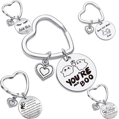 Porte-Clés En Forme De Cœur En Acier Inoxydable Avec Étiquette Ronde Gravée Cadeau Pour Couples Amis Amoureux Des Chats